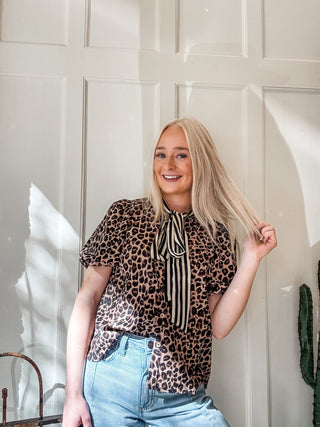 Striped Scarf Neck Leopard Blouse - Allure Boutique WY
