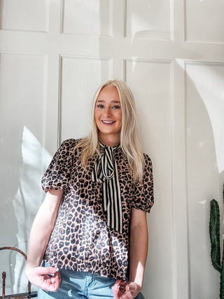 Striped Scarf Neck Leopard Blouse - Allure Boutique WY