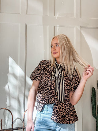 Striped Scarf Neck Leopard Blouse - Allure Boutique WY