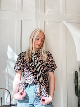 Striped Scarf Neck Leopard Blouse - Allure Boutique WY