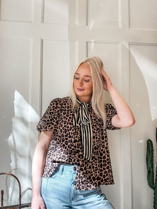 Striped Scarf Neck Leopard Blouse - Allure Boutique WY