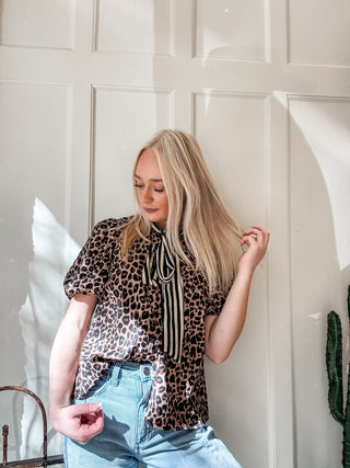 Striped Scarf Neck Leopard Blouse - Allure Boutique WY