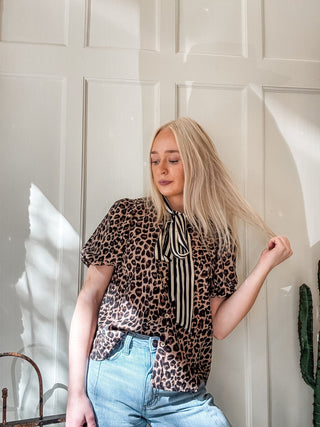 Striped Scarf Neck Leopard Blouse - Allure Boutique WY