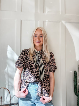 Striped Scarf Neck Leopard Blouse - Allure Boutique WY