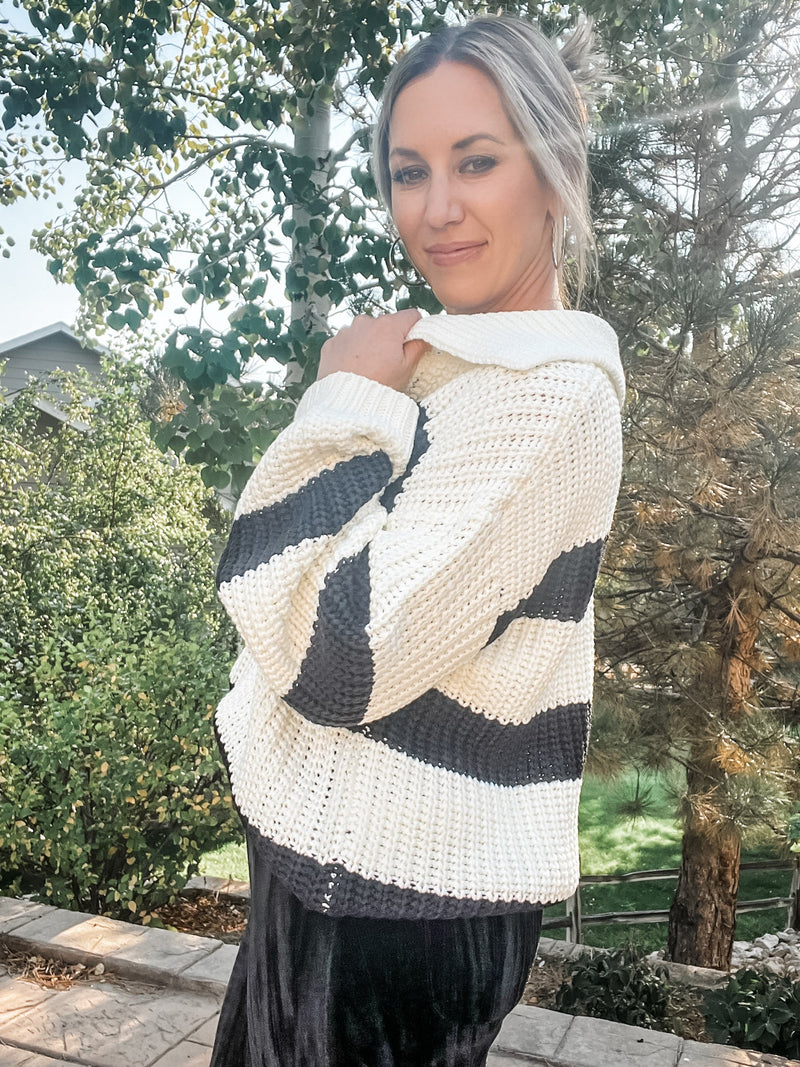 Striped V - Neck Sweater with Collar - Allure Boutique WY