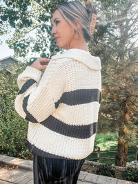 Striped V - Neck Sweater with Collar - Allure Boutique WY