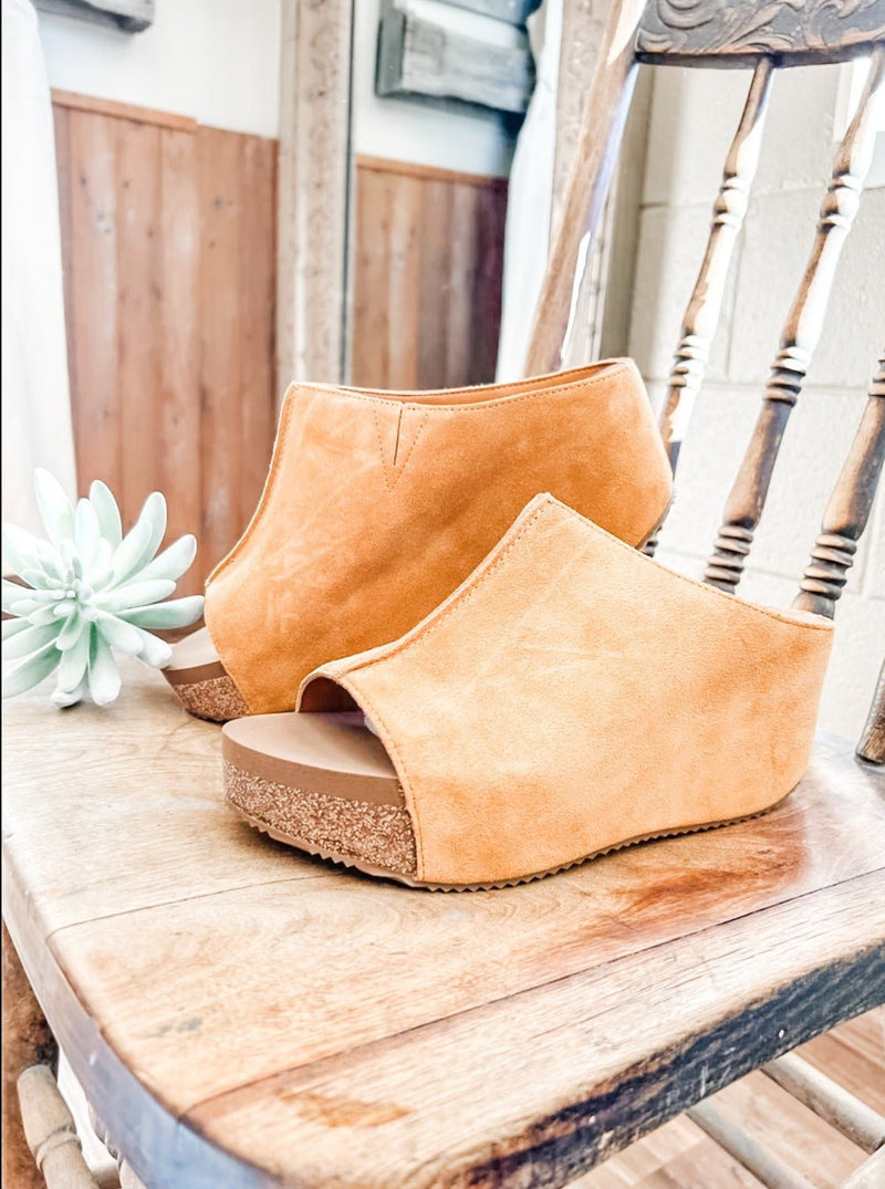 Tan Carrier Suede Slip On Peep Toe Sandal - Allure Boutique WY