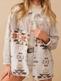 Taupe Aztec Contrast Frayed Shacket - Allure Boutique WY