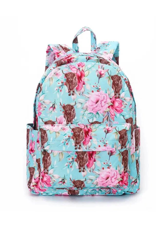 Teal Blue Highland Cow + Flowers Girls Backpack - Allure Boutique WY