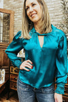 Teal Twist Neck Long Sleeve Blouse - Allure Boutique WY