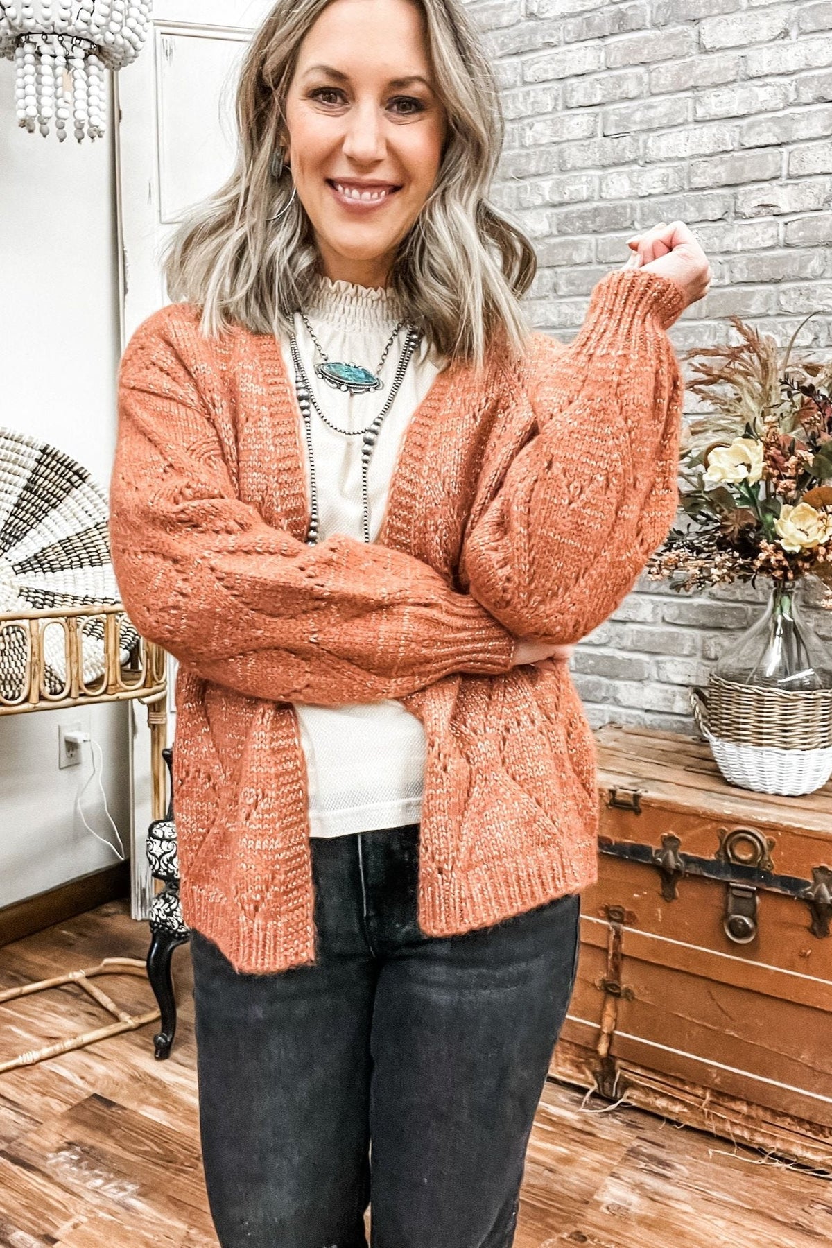 Terracotta Oversized Pointelle Cardigan - Allure Boutique WY