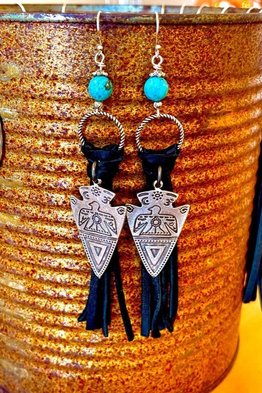 Thunderbird Western Leather Fringe Earrings - Black - Allure Boutique WY