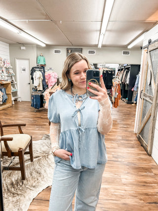 Tie Front Light Wash Denim Peplum Top - Allure Boutique WY