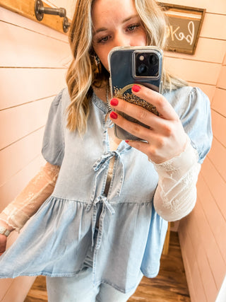 Tie Front Light Wash Denim Peplum Top - Allure Boutique WY