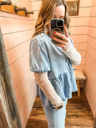Tie Front Light Wash Denim Peplum Top - Allure Boutique WY