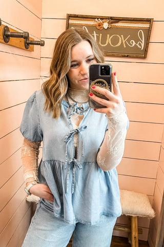 Tie Front Light Wash Denim Peplum Top - Allure Boutique WY
