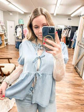 Tie Front Light Wash Denim Peplum Top - Allure Boutique WY