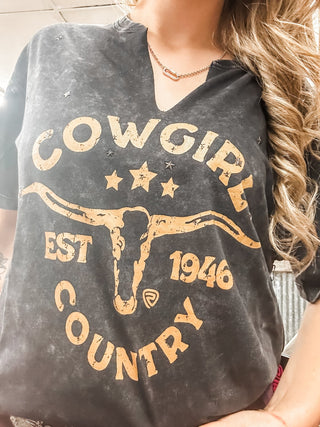 V - Neck Graphic Tee with Studs - Allure Boutique WY