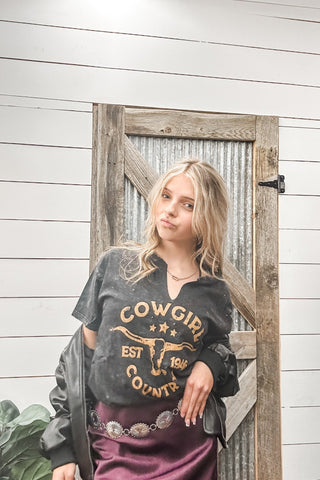 V - Neck Graphic Tee with Studs - Allure Boutique WY