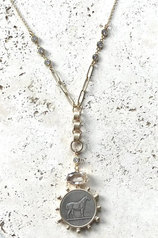 Vintage Lariat Horse Coin Necklace with Crystal Connector - Allure Boutique WY