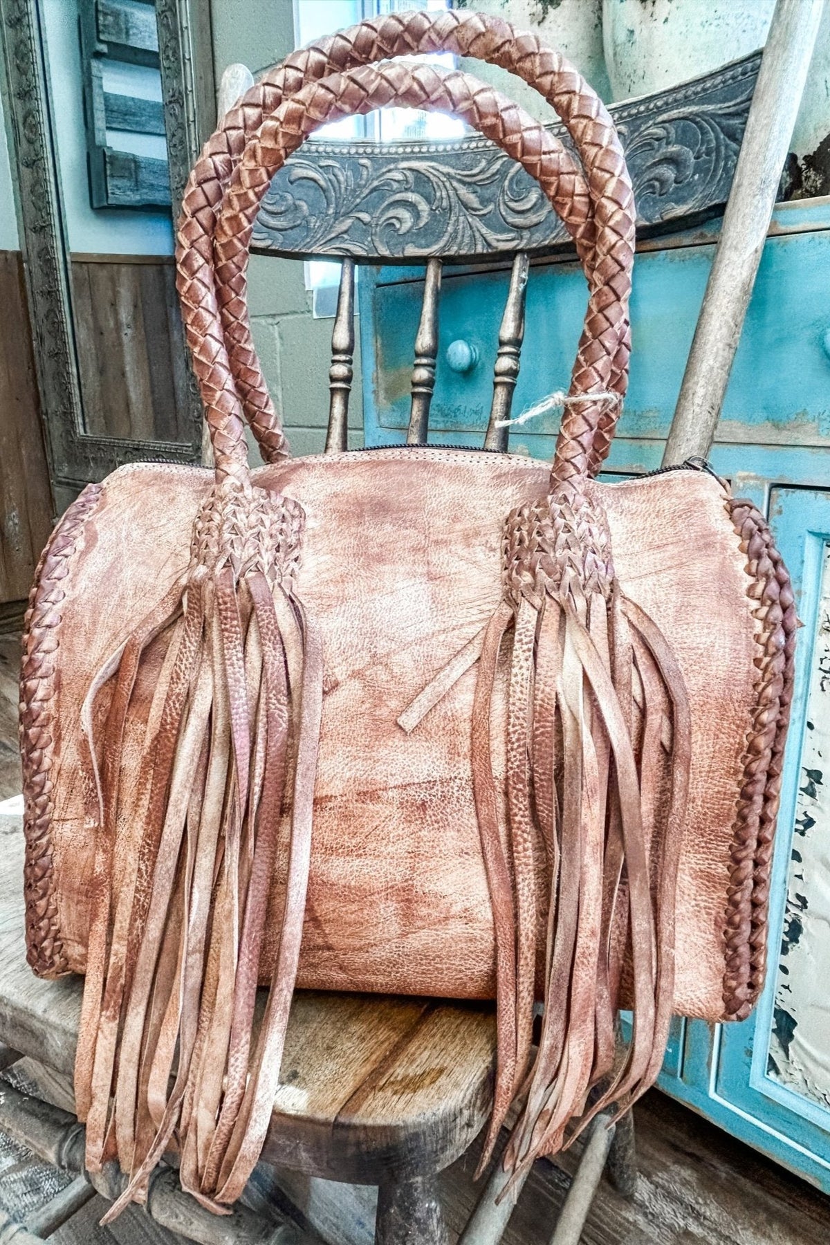 Weathered Tan Leather Tote with Fringe Tassels - Allure Boutique WY