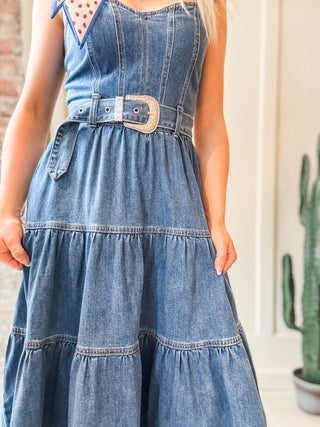 Western Buckle High Low Denim Dress - Allure Boutique WY