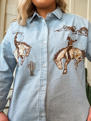 Western Cowboy Embroidered Denim Shirt - Allure Boutique WY