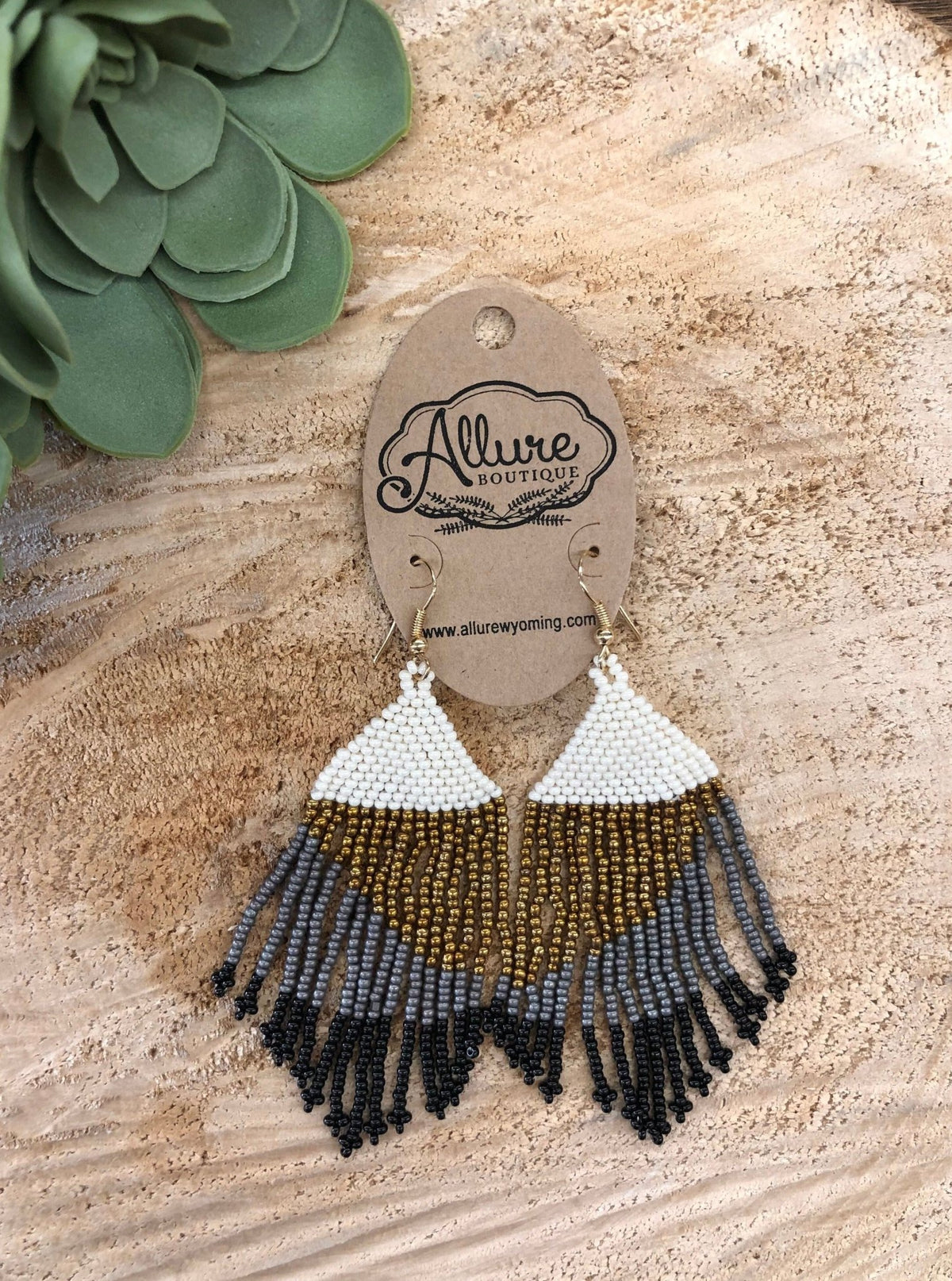 White, Gold & Gray Seed Bead Fringe Earrings - Allure Boutique WY