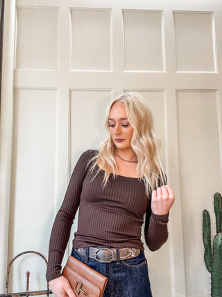 Wide Ribbed Square Neck Long Sleeve Top - Allure Boutique WY