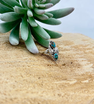 Turquoise 2 Stone Flower Ring 7