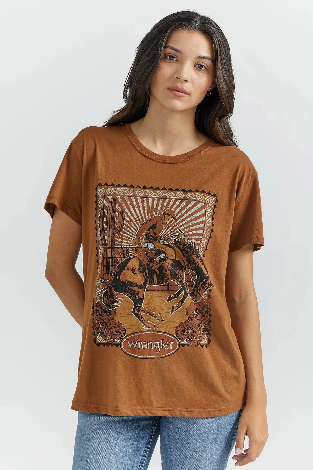 Women's Brown Desert Buck Graphic Boyfriend Tee - Allure Boutique WY