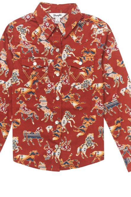 Wrangler Girls Red Horse Print Long Sleeve Snap Shirt - Allure Boutique WY