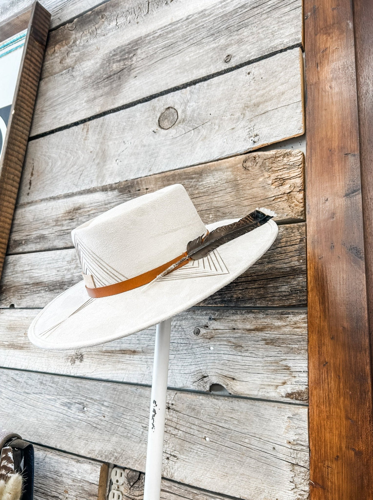 Xumal Off White Bolero Hat with Brown Embroidery & Feather - M/L - Allure Boutique WY