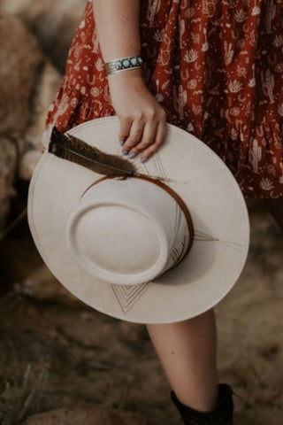 Xumal Off White Bolero Hat with Brown Embroidery & Feather - M/L - Allure Boutique WY