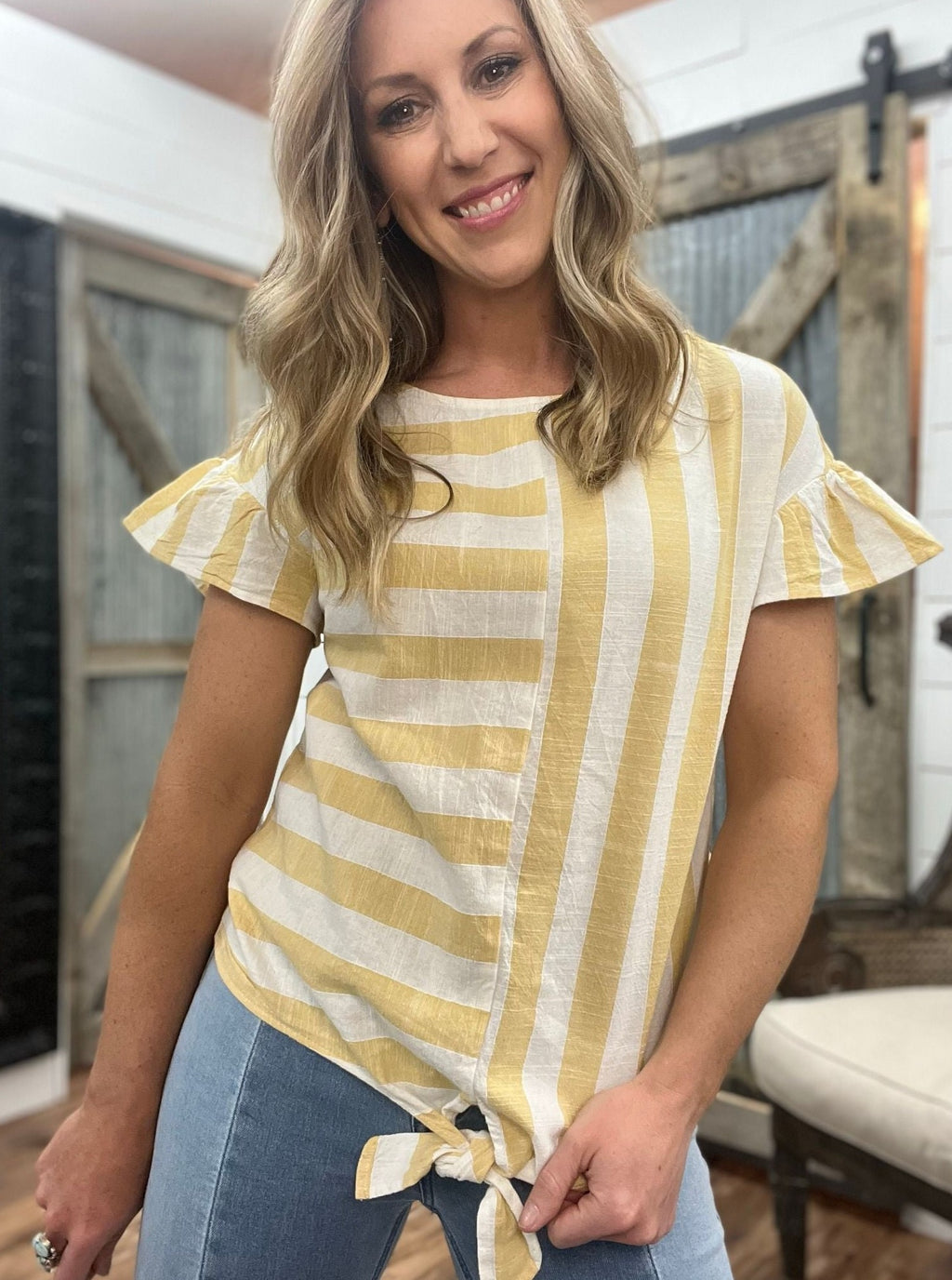 Yellovango Tie Front Blouse with Frill Sleeve