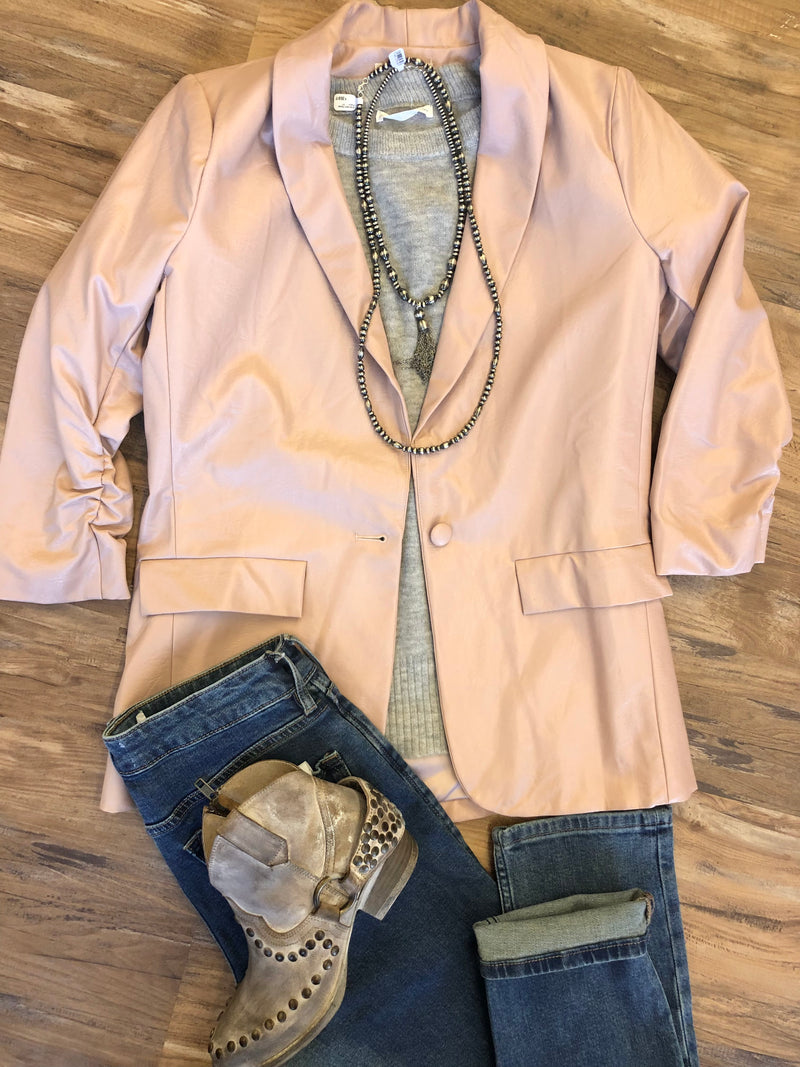 Nude Pink Vegan Leather Ruched Blazer