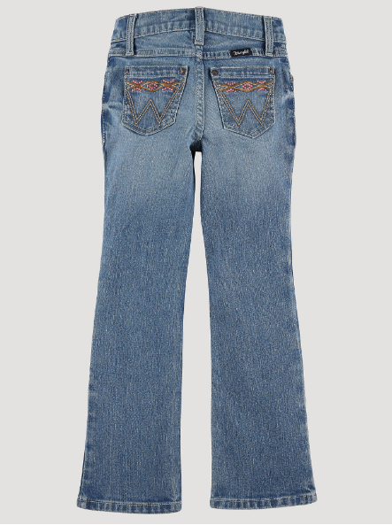 Wrangler Girl's Light Wash Rose & Antique Gold Aztec Embroidery Adjustable Waist Boot Cut Jeans