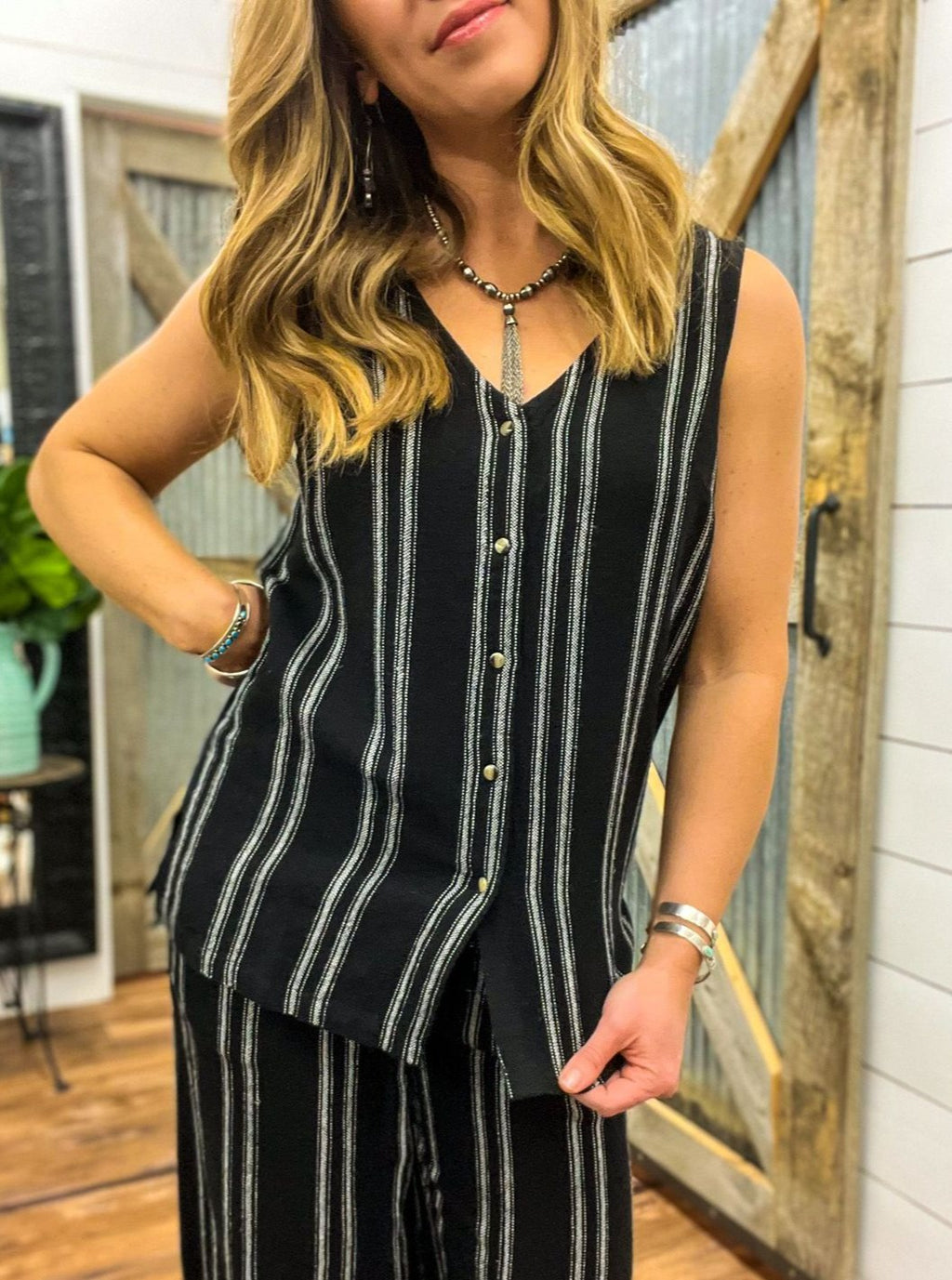 Black & White Flowy Button Down Cami with Side Slit