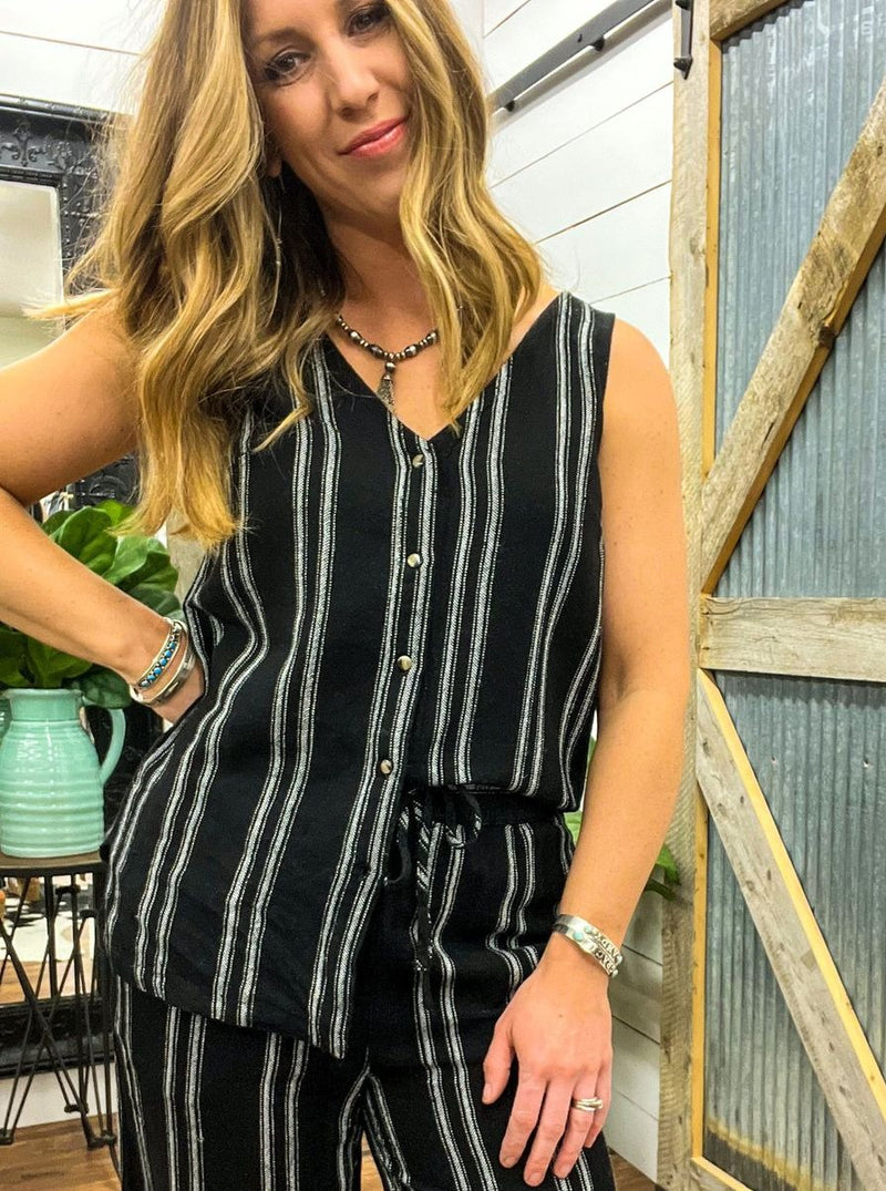 Black & White Flowy Button Down Cami with Side Slit