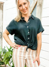 Black Drop Shoulder High Low Button Down Shirt