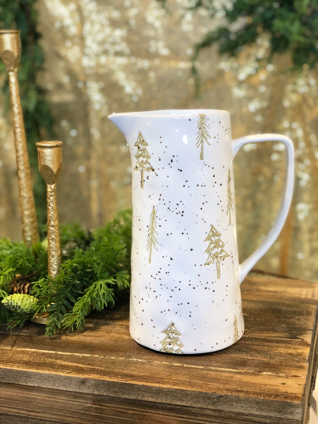 Hand-Stamped Stoneware Pitcher with Tree Pattern