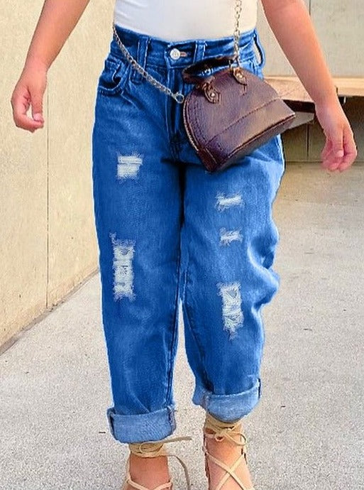 Girls Medium Denim Distressed Jeans