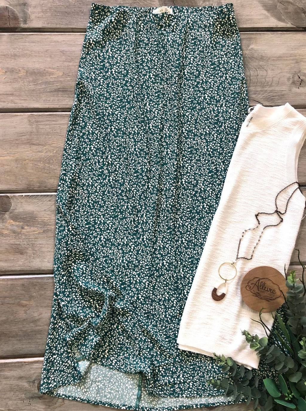 Green and White Floral Maxi Skirt