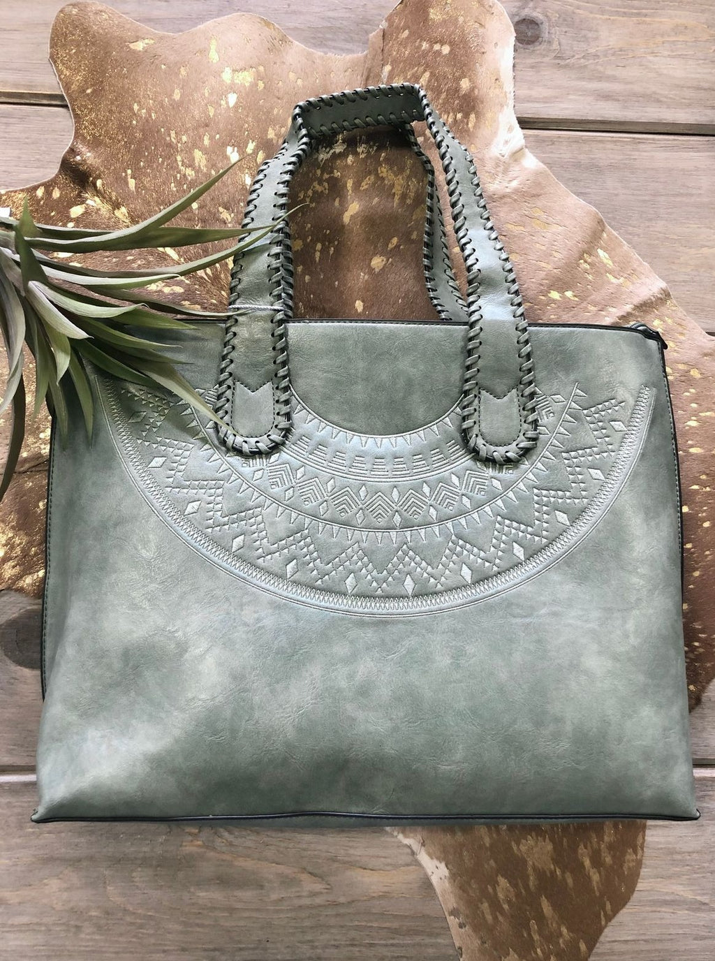 Vegan Leather Embroidered Tote with Braided Straps