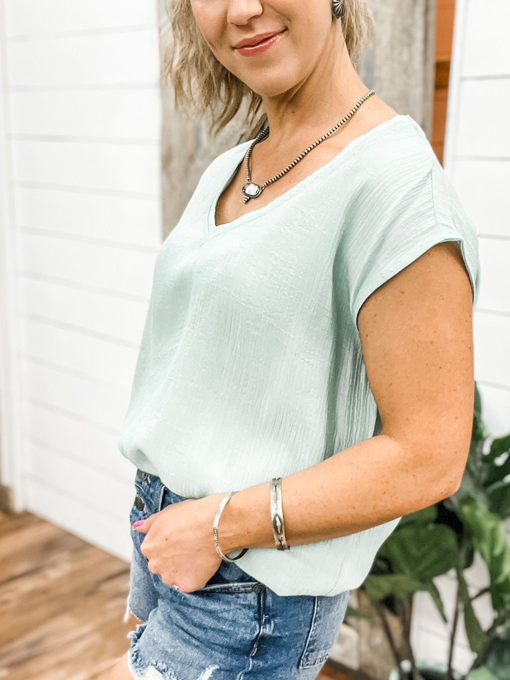 Yanins Sea Foam V-Neck Top